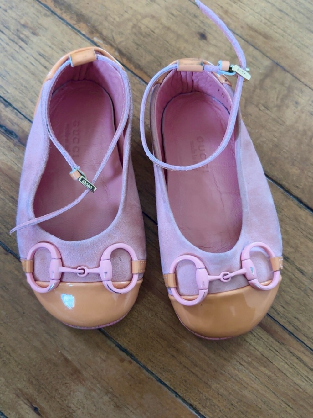 Gucci Pink Suede & Peach Patent Leather Kids Ballet Flats